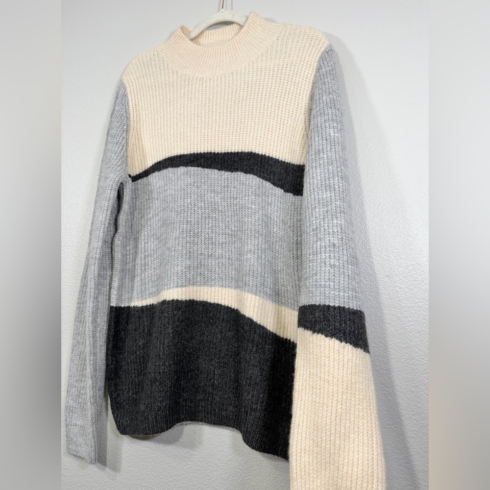 &Merci Sweater Colorblock Mock Turtleneck Cream Gray Black Heavy Warm Women L - Picture 3 of 6